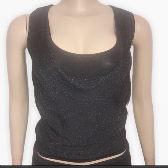 90s Cache Cow Neck Tank Black Layered Ribbed Knit Shimmer Size M - Picture 10 of 16